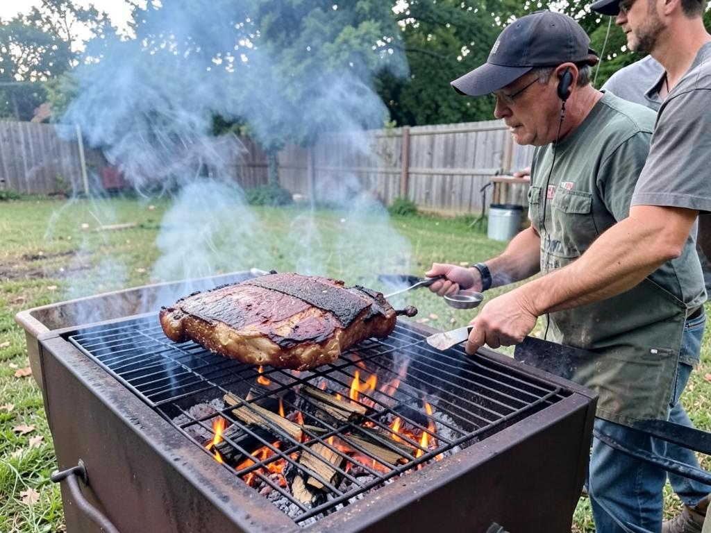 Post oak splits burning in an offset smoker firebox with brisket on the grate near Dallas, TX