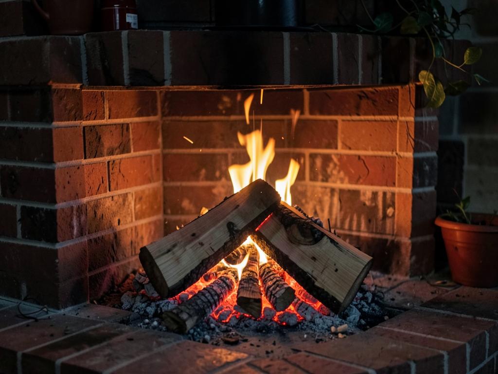 Split oak firewood burning in a residential brick fireplace in Rowlett, TX