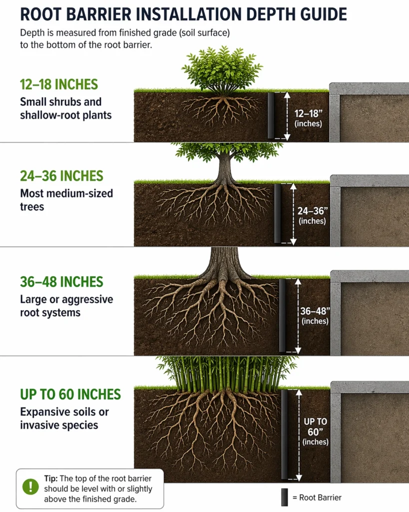 Root barrier installation depth guide showing 12 to 60 inch depths for shrubs, medium trees, large trees and bamboo
