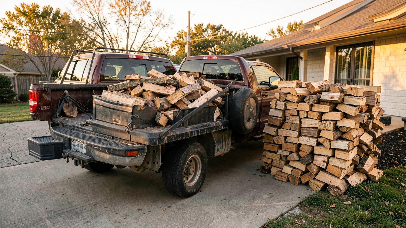 Truck loaded with seasoned split hardwood firewood for delivery in Rowlett, TX