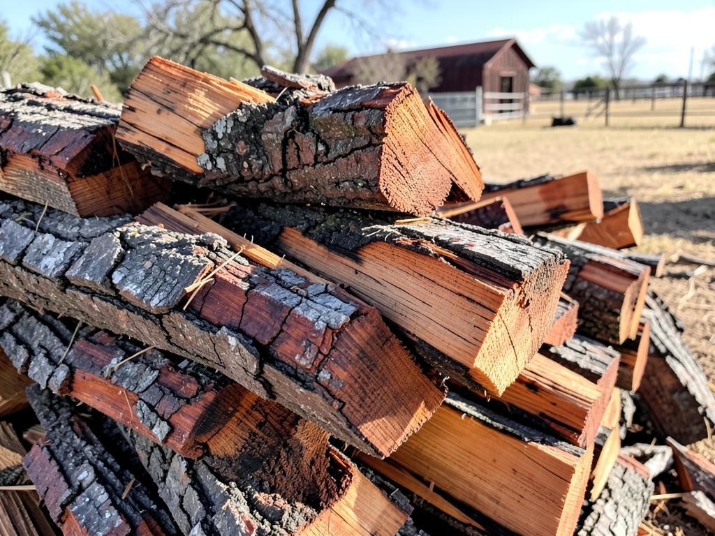 Split mesquite firewood stacked on a Texas ranch, delivered near Rowlett, TX