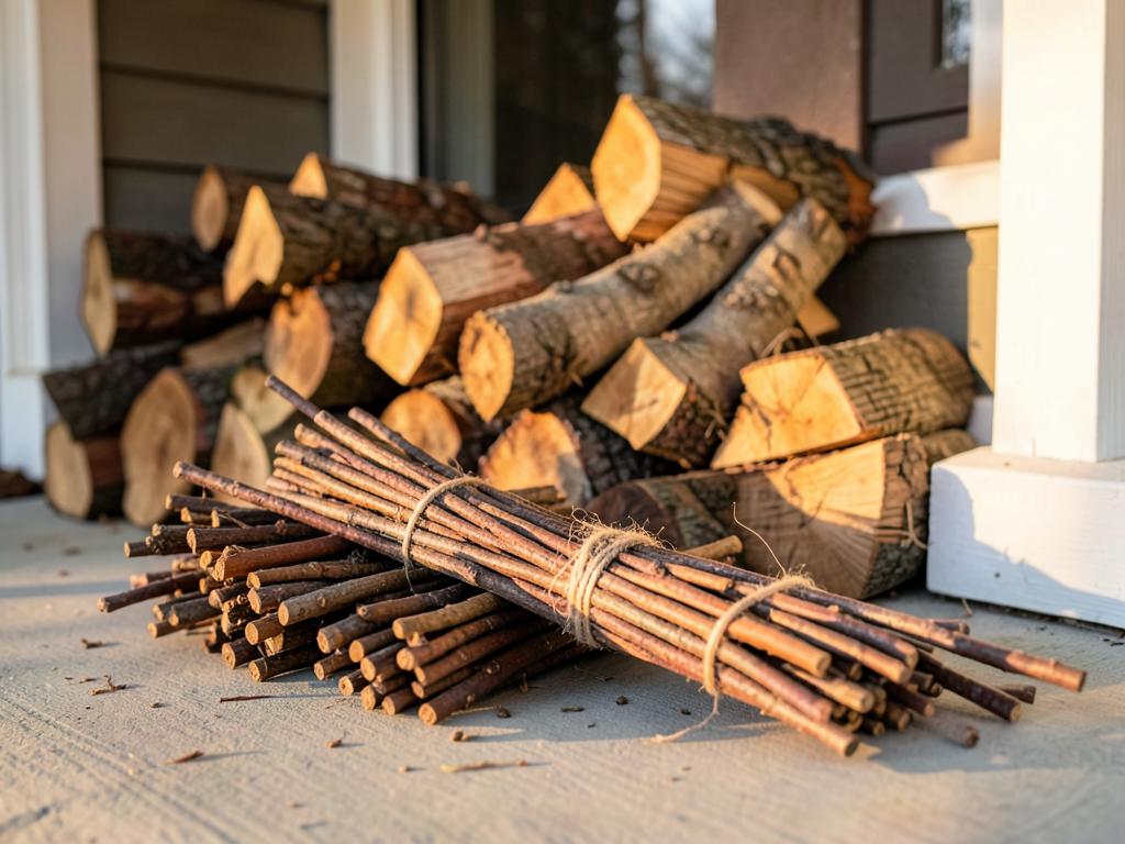 Kindling bundles tied with twine beside stacked firewood in Rowlett, TX
