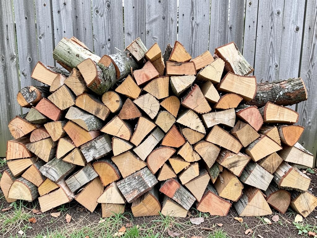Neatly stacked rick of mixed hardwood firewood against a fence in Rowlett, TX