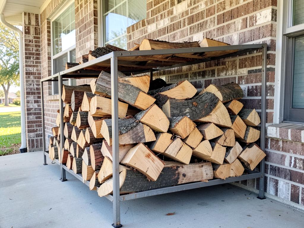 Firewood neatly stacked on a rack against a brick home in Garland, TX