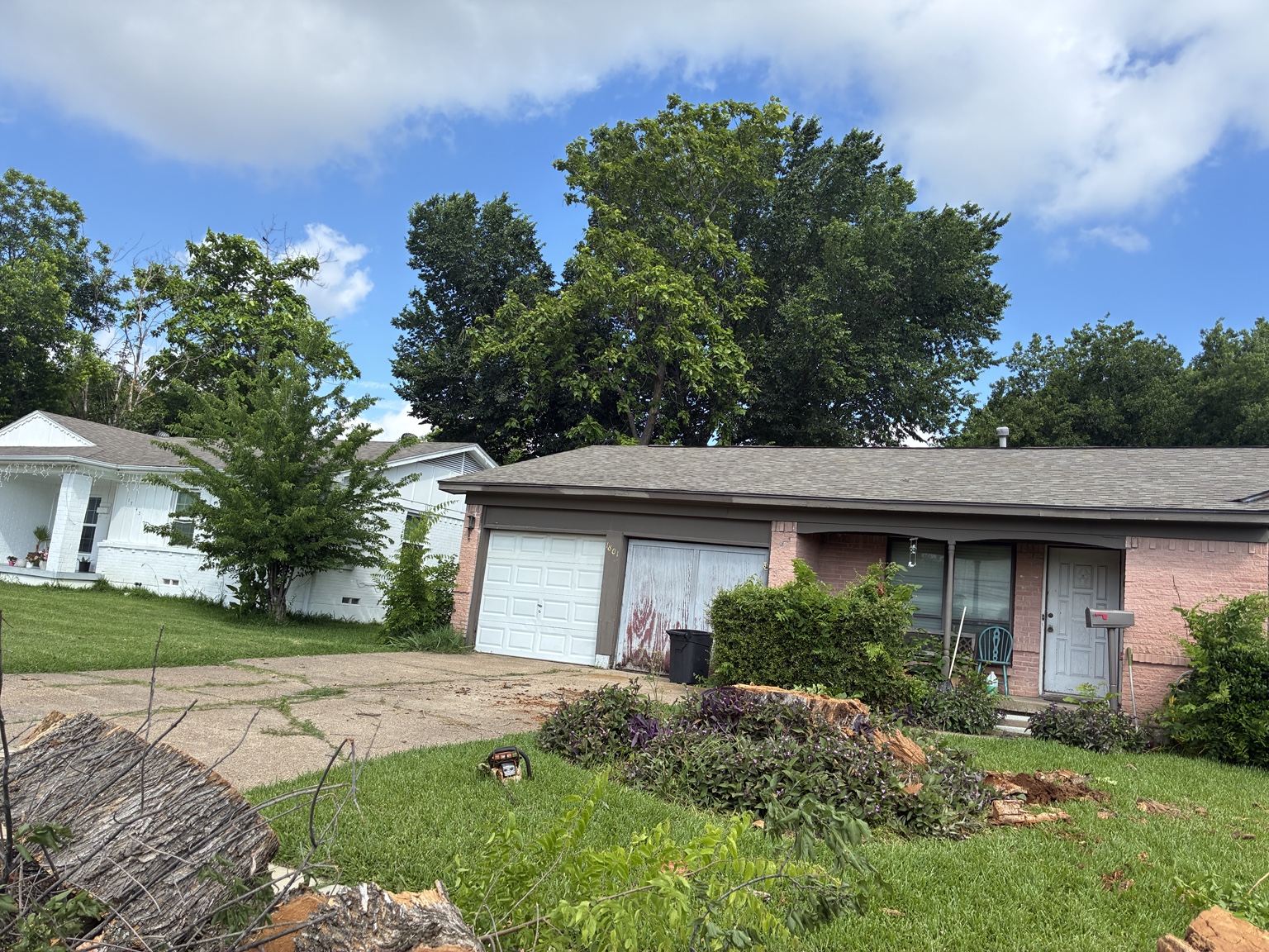 Residential front yard in Garland, TX after a tree removal, stump ready for grinding
